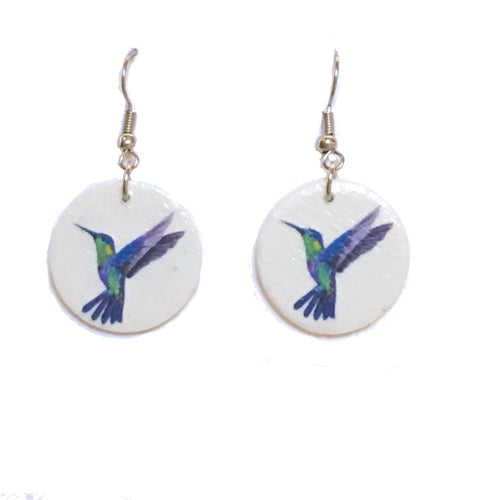 Blue and Green Hummingbird, Image on Wood Earrings #E661