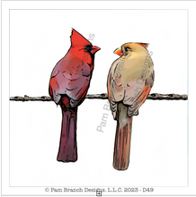 A male and female cardinals on a fence, under a tree, near a barn.&nbsp;