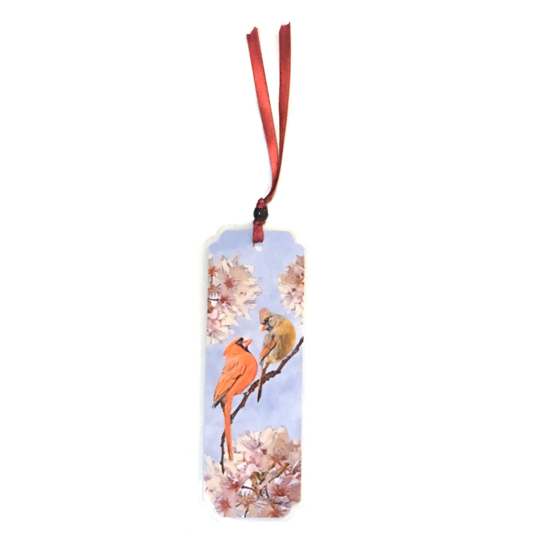 Cardinals on a Branch with Pink Flowers - Bookmark - M1