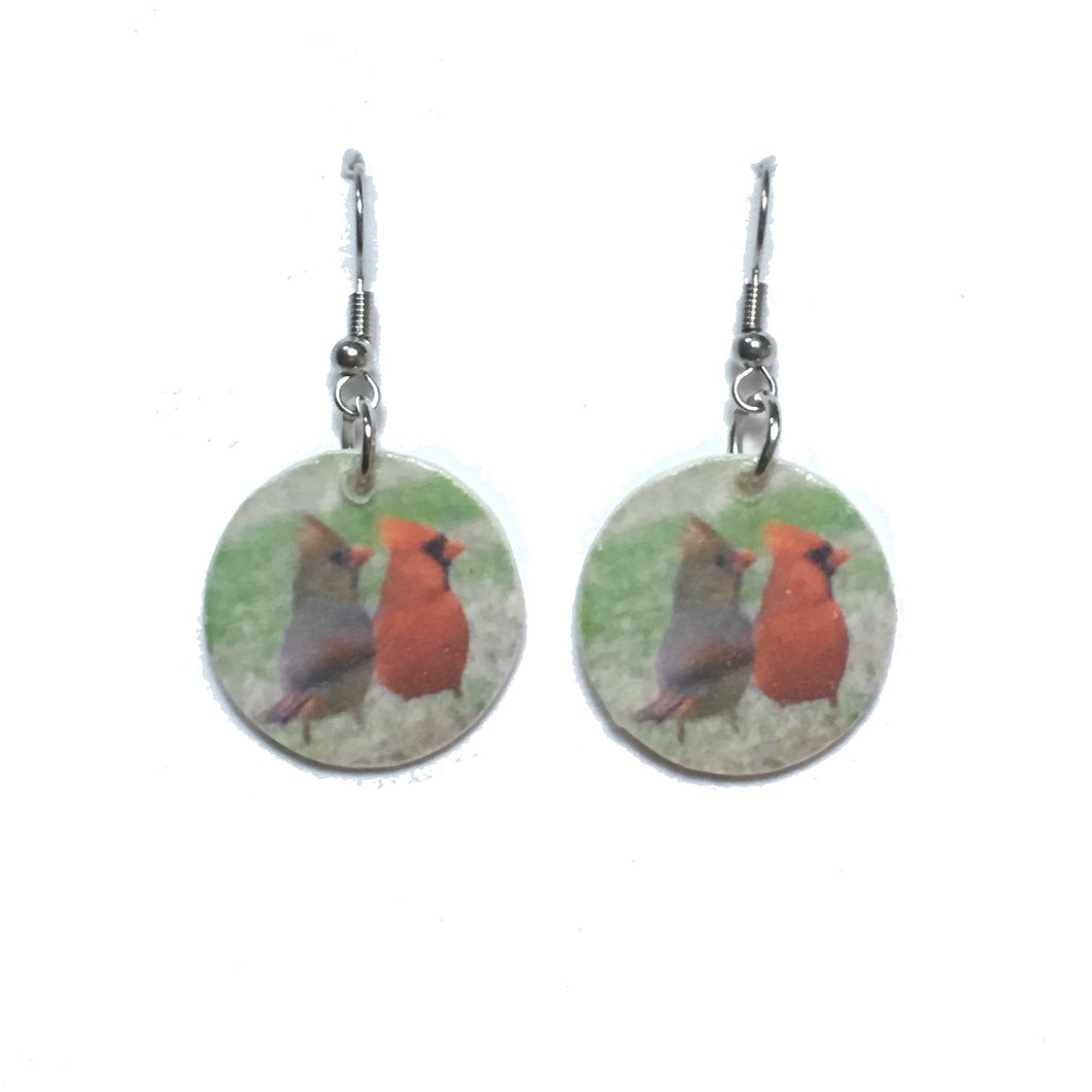 Cardinal Wedding, Male and Female Cardinals on Wood Disk Earrings #E726