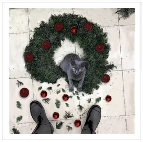 Decoupage paper with a cat that gets into a bit of trouble when it tears a Christmas wreath apart.  