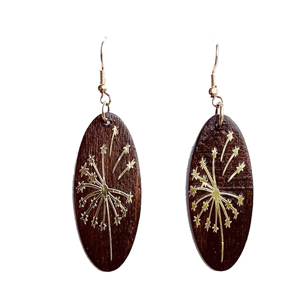 Gold Dandelions on Wood, Handmade Earrings E773