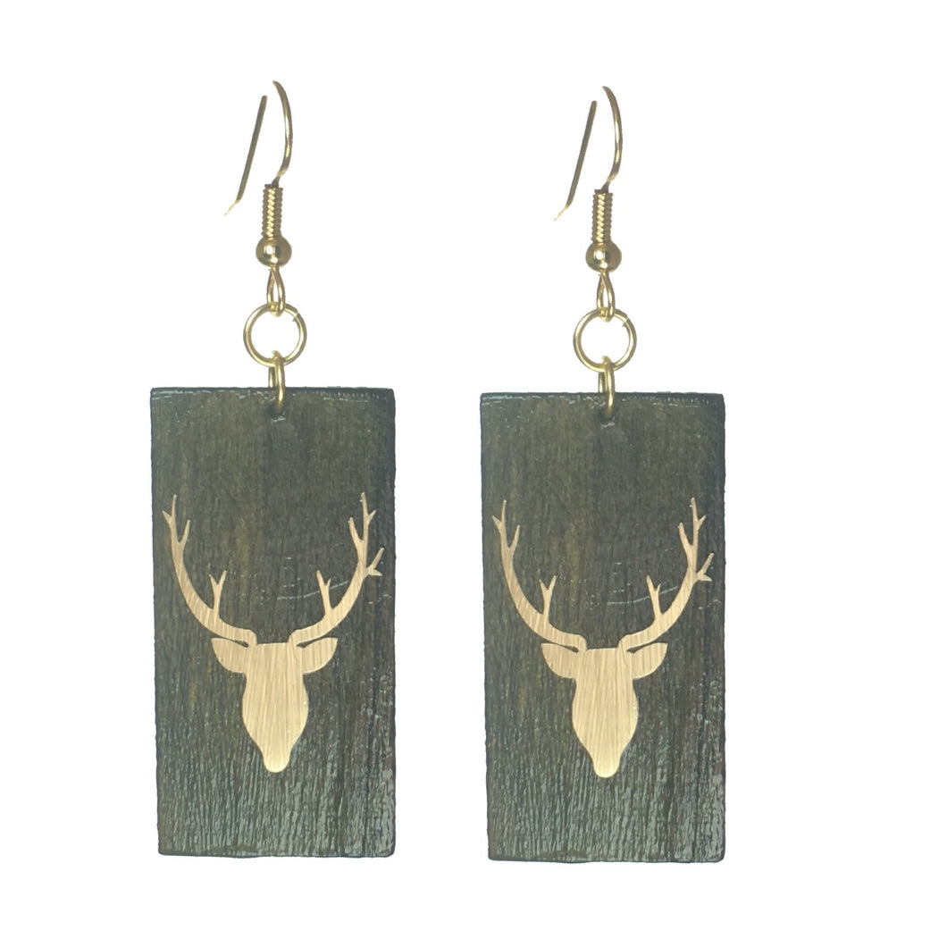 Geometric Wood Jewelry - Brown with Deer Head Earring #E561