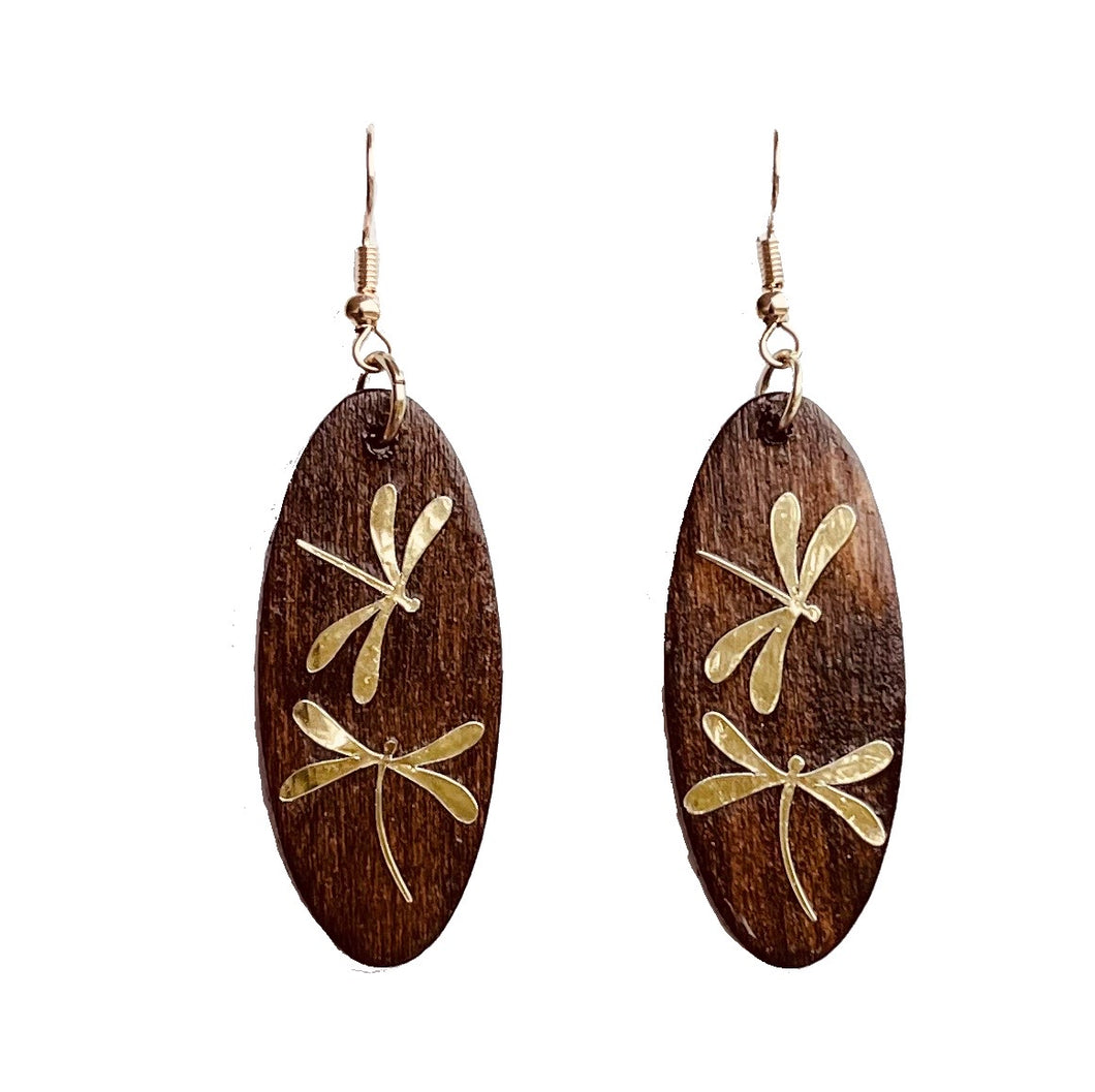 Gold Dragonflies on Wood, Handmade Earrings E778