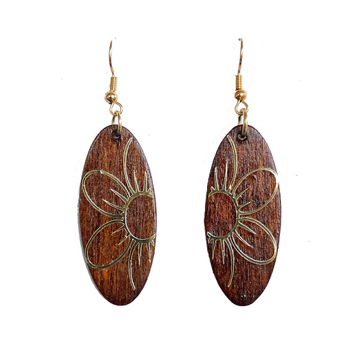 Gold Flower on Wood, Handmade Earrings E775