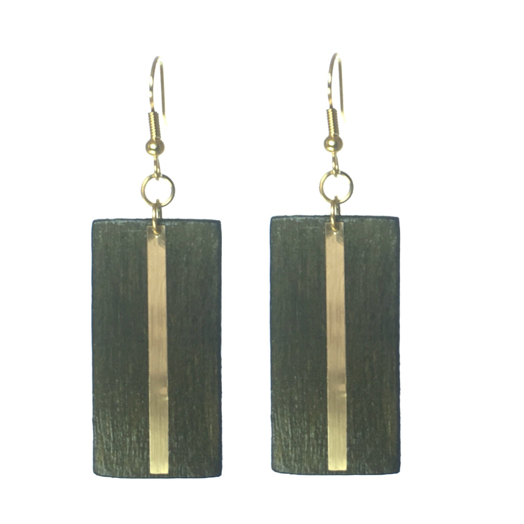 Geometric Wood Jewelry - Brown with Gold Stripe Earring #E562