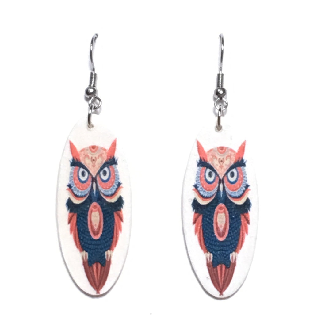 Orange and Blue Owl Drawing on Oval Wood, Decoupage Earrings #E665