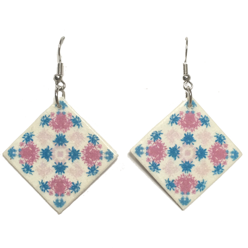 Pink and Teal, Wood Tile Earring #E753