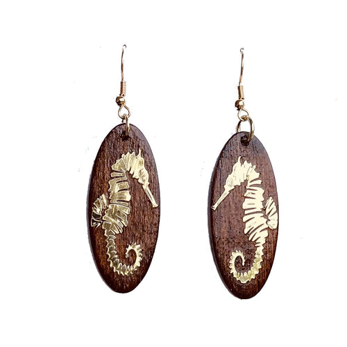 Gold Seahorse on Wood, Handmade Earrings E777