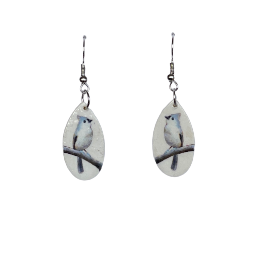 Tufted Titmouse Earrings, Small Teardrop, E765