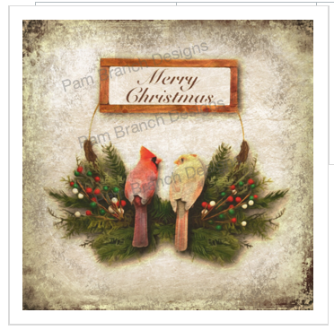 Decoupage paper with two cardinals rest on a Christmas with the words 